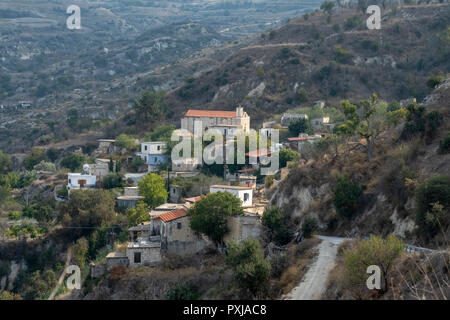 Kato Theletra or Old Theletra. The village was abandoned by its residents who relocated higher up the hillside after an earthquake caused landslide. Stock Photo