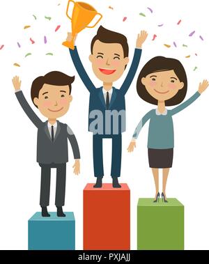 Business people on the pedestal. Success, achievement concept. Cartoon vector illustration Stock Vector