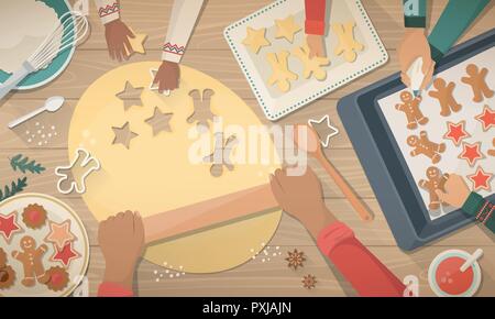 Happy family preparing sweets for Christmas: the mother is flattening the dought with a rolling pin and the kids are helping her Stock Vector