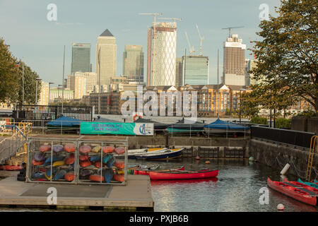 Celebrating the River Thames on the Outdoor Activity Centre, Shadwell Basin, London, UK, for water sports and adventures and a view to Isle of Dogs.