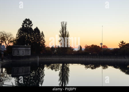 twilight hours at the reservoir at  the Volunteer Park, Seattle Washington Stock Photo