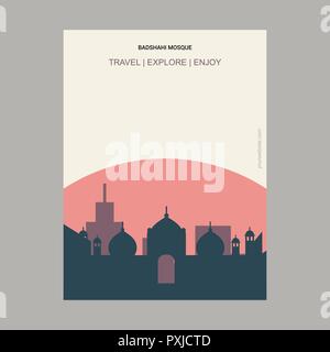 Badshahi Mosque Lahore, Pakistan Vintage Style Landmark Poster Template Stock Vector