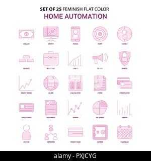 Set of 25 Feminish Home Automation Flat Color Pink Icon set Stock Vector