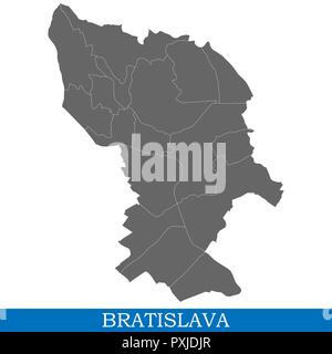 High Quality map of Bratislava is a city in Slovakia, with borders of districts Stock Vector
