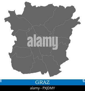 High Quality map of Graz is a city in Austria, with borders of districts Stock Vector