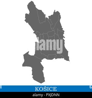 High Quality map of Kosice is a city in Slovakia, with borders of districts Stock Vector