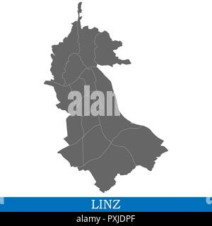 High Quality map of Linz is a city in Austria, with borders of districts Stock Vector