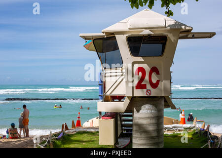 The iconic 2C lifeguard tower at Waikiki Beach Honolulu Hawaii on a sunny day on the 5th October 2018 Stock Photo