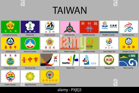 all Flags of regions of Taiwan. Vector illustraion Stock Vector
