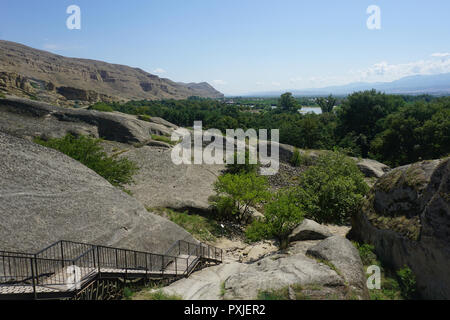 Uplistsikhe Common Landscape River and Forest View from Above with Clean Blue Sky Stock Photo