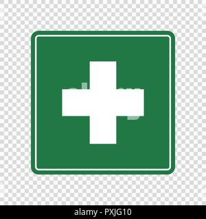 First aid sign. White cross on Green square Stock Vector