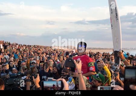 PENICHE, PORTUGAL - OCTOBER 20, 2018: Italo Ferreira celebrating victory during the World Surf League's 2018 MEO Rip Curl Pro Portugal competition Stock Photo