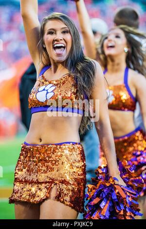 A Clemson cheerleader during the NCAA college football game between NC State and Clemson on Saturday October 20, 2018 at Memorial Stadium in Clemson, SC. Jacob Kupferman/CSM Stock Photo
