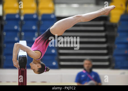 Doha, Qatar. 23rd Oct, 2018. SARAH VOSS from Germany practices on the balance beam during the first day of podium training before the competition held at the Aspire Dome in Doha, Qatar. Credit: Amy Sanderson/ZUMA Wire/Alamy Live News Stock Photo