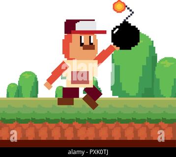 character with bomb in landscape video game vector illustration Stock Vector