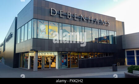 STEVENAGE, UK - OCTOBER 22, 2018: Debenhams store front in the Roaring Meg retail park at Stevenage Hertfordshire Stock Photo