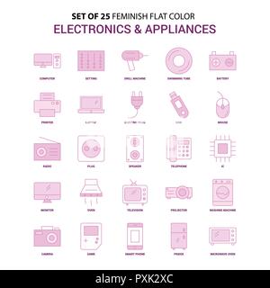 Set of 25 Feminish Electronics and Appliances Flat Color Pink Icon set Stock Vector