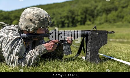 U.S. Army Spc. Bryant Pinette, with Delta Company, 2nd Battalion, 108th Infantry Regiment, New York Army National Guard, fires his M4 carbine during the SGT Henry Johnson Individual Combat Rifle Match as part of the 38th Annual The Adjutant General's Combat Sustainment Training Exercise (TAG Match) at Camp Smith Training Site, N.Y., June 3, 2017. The TAG Match is a 3-day event conducted by the New York Army National Guard to promote excellence in marksmanship training and offer Soldiers, Airmen and State Militia the opportunity to test their marksmanship skills and weapon systems in a battle-f Stock Photo