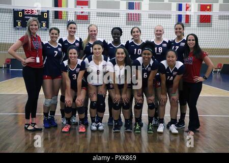 U.S. Armed Forces Team before their match against Canada during the 18th Conseil International du Sport Militaire (CISM) World Women's Military Volleyball Championship at Naval Station Mayport, Florida on 5 June 2017. Mayport is hosting the CISM Championship from 2-11 June.  Finals are on 9 June.   Left to Right: Back Row: Head Coach Mrs. Kara Lanteigne, Capt. Caroline Kurtz Stock Photo