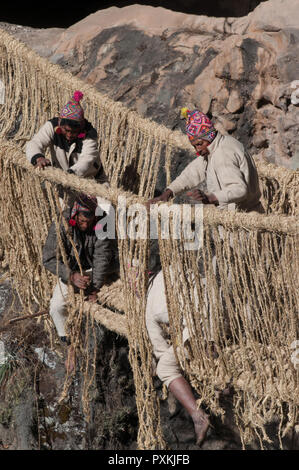 Canas Rope Inca rope bridge or suspension bridge Q'eswachaka over the en Rio ...