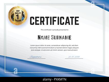 Official white certificate with blue gradient design elements. Business clean modern design. Gold emblem Stock Vector