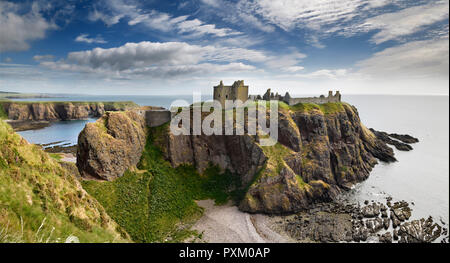 Panorama of Dunnottar Castle Medieval clifftop ruins from cliff above rocks of Old Hall Bay North Sea near Stonehaven Scotland UK Stock Photo