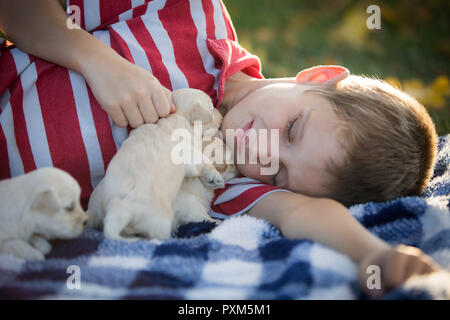 A boy laying outside on a blue and white checkered blanket snuggling with adorable little puppies on an autumn day Stock Photo