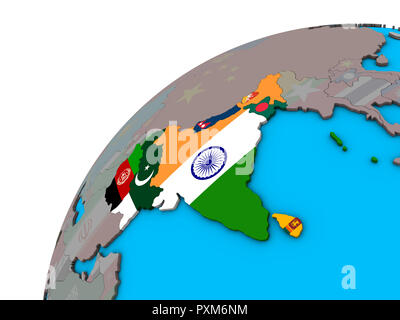 SAARC memeber states with national flags on 3D globe. 3D illustration. Stock Photo