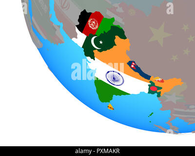 SAARC memeber states with national flags on simple globe. 3D illustration. Stock Photo