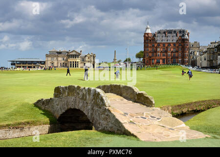 The Royal and Ancient Golf Club of St Andrews clubhouse on the 18th Hole of Old Course St Andrews Links golf course at Swilken Brdige Scotland UK Stock Photo