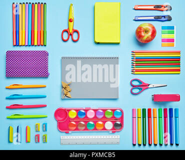 Group stationery set forth in composition. Top view, flat lay. copyspace Stock Photo
