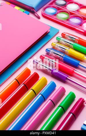Composition lined with colorful school stationery. Flat lay. Bright background Back to School ready for your design. School objects for students. flat Stock Photo