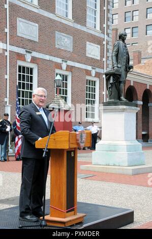 Retired Gen. Carter F. Ham, president and CEO of the Association of the United States Army and former commander of U.S. Africa Command, delivers remarks June 14 at the Stripes and Stars Festival celebrating the U.S. Army 242nd birthday at Independence Hall in Philadelphia. Stock Photo