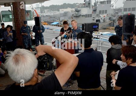 YOKOSUKA, Japan (June 18, 2017) Vice Adm. Joseph Aucoin, commander U.S. 7th Fleet speaks to members of the press about the guided-missile destroyer USS Fitzgerald (DDG 62) which was involved in a collision with a merchant vessel.  Fitzgerald suffered severe damage but returned to Fleet Activities Yokosuka under its own power. The incident is under investigation. Stock Photo