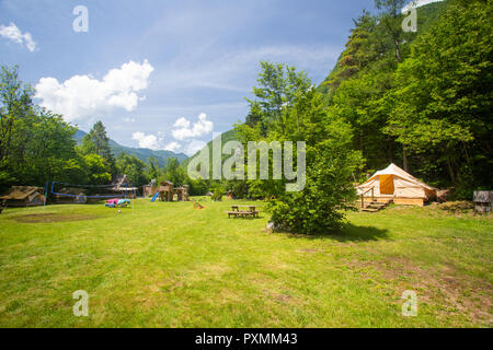 Family tent in Adrenaline Check eco resort in Slovenia. Stock Photo