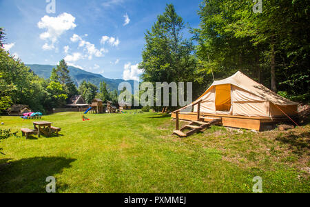 Family tent in Adrenaline Check eco resort in Slovenia. Stock Photo