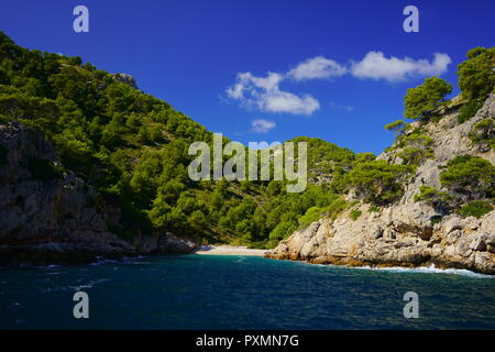 A lonely, natural and heavenly beach in northern Mallorca. Cala en Feliu near Cala Murta, Port de Pollensa, Mallorca, Balearic Islands, Spain. Stock Photo