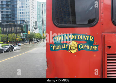 Vancouver, CANADA - SEPTEMBER 10th 2018: Vancouver Trolley Company sign on a red bus. A Vancouver sightseeing tour. Stock Photo