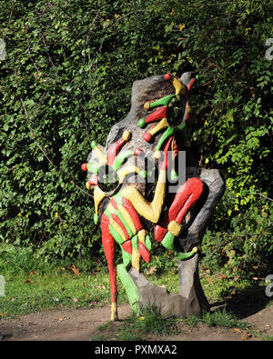 The Jester wood sculpture at Inch field beside Cahir Castle, County Tipperary, Ireland Stock Photo