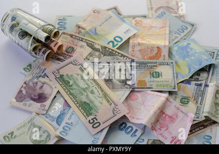 Dollar,liras  and euro banknotes are  on the table. Stock Photo