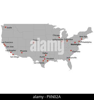 detailed map of the United States with cities Stock Vector