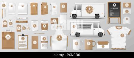 Mockup set for coffee shop, cafe or restaurant. Coffee food package for corporate identity design. Realistic set of cardboard, Food delivery truck Stock Vector