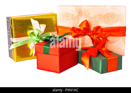 Group of presents and gift boxes isolated on white Stock Photo