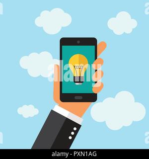 A businessman holding a phone. Bulb icon. Illustration in vectors. Stock Vector
