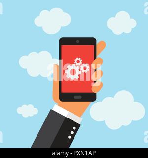 A businessman holding a phone. Gear icon. Illustration in vectors. Stock Vector