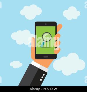 A businessman holding a phone. Search icon. Illustration in vectors. Stock Vector