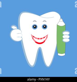 Smiling cartoon white tooth holding a tube of toothpaste. Stock Vector
