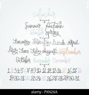 Calendar collection of months and numbers for all year, week, seasons. Ink modern brush calligraphy. Isolated vector on white background. Stock Vector