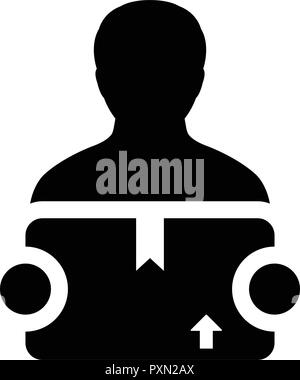 Package icon vector male logistics worker service person profile avatar with box for cargo courier and delivery in Glyph Pictogram Symbol illustration Stock Vector