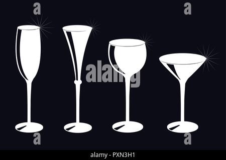 set of different drinking glasses silhouette on black background vector illustration EPS10 Stock Vector